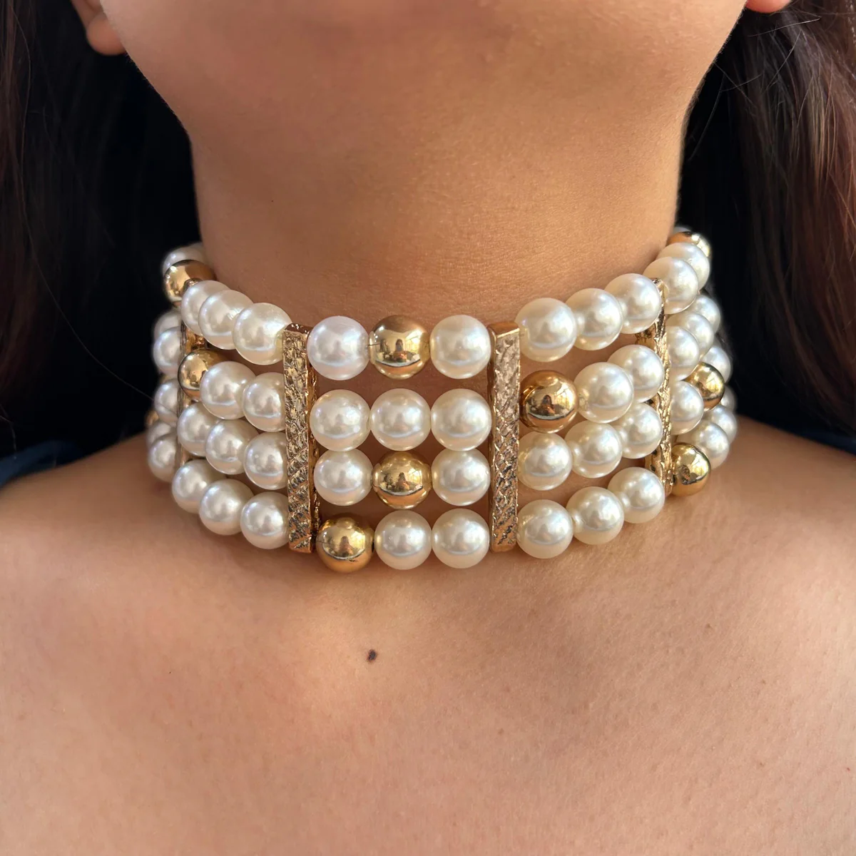 Regal Pearl and Gold Bead Choker Necklace