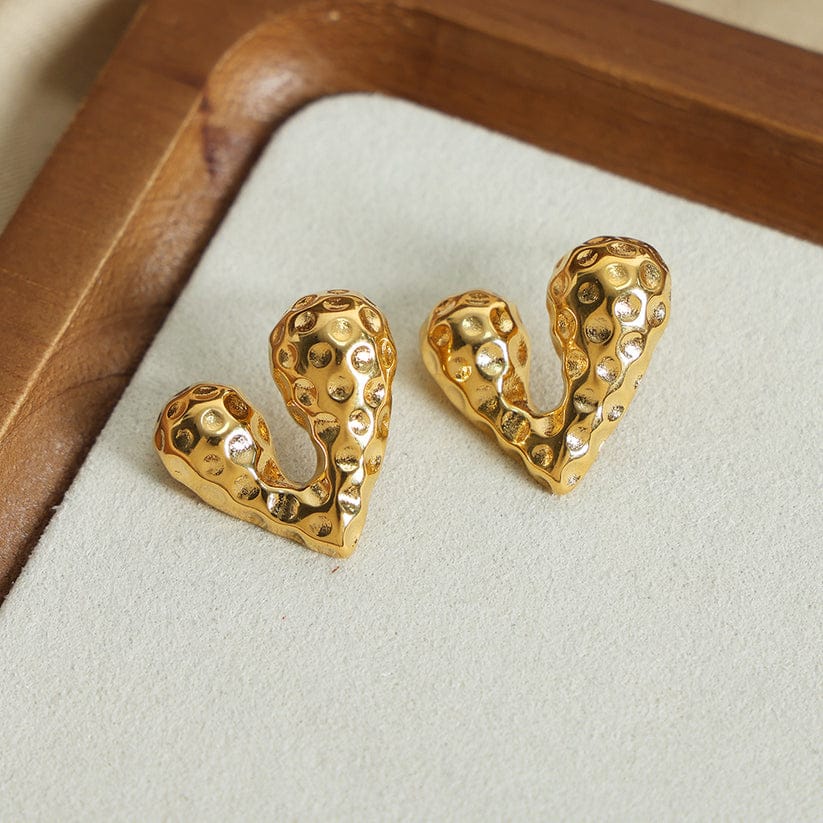 Gold Hammered Heart Stud Earrings