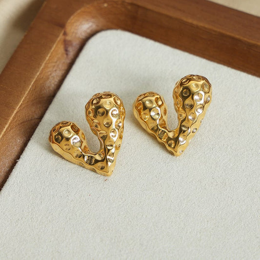 Gold Hammered Heart Stud Earrings