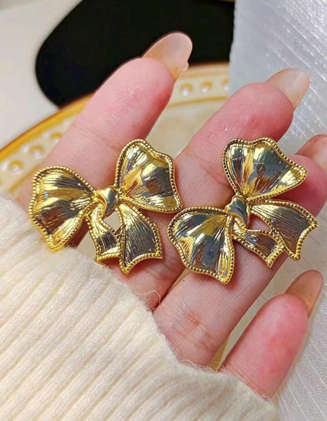 Golden Textured Bow Stud Earrings